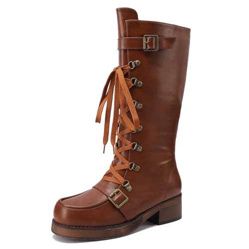 Galindopia DaHerren Kampfstiefel Mid Calf Lug Heel Flach Schnüren Motorcycle Stiefel Unisex Jahrgang Medieval Pirate Role Playing Schuhe Coffee Size 34 von Galindopia