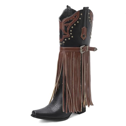 Galindopia DaHerren Knee Hohe Stiefel Pointed Toe Chunky Block Heel Mid Leisure Cowgirl Stiefel Franse Western Schuhe Botas para Mujer Jeans Black Size 41 von Galindopia
