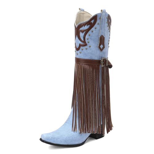 Galindopia DaHerren Knee Hohe Stiefel Pointed Toe Chunky Block Heel Mid Leisure Cowgirl Stiefel Franse Western Schuhe Botas para Mujer Jeans Blue Size 38 von Galindopia