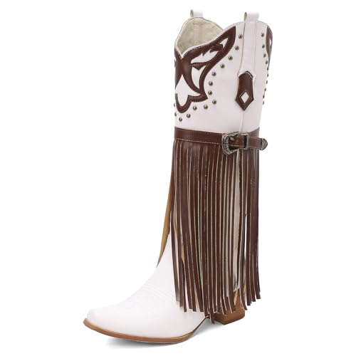 Galindopia DaHerren Knee Hohe Stiefel Pointed Toe Chunky Block Heel Mid Leisure Cowgirl Stiefel Franse Western Schuhe Botas para Mujer Jeans White Size 41 von Galindopia