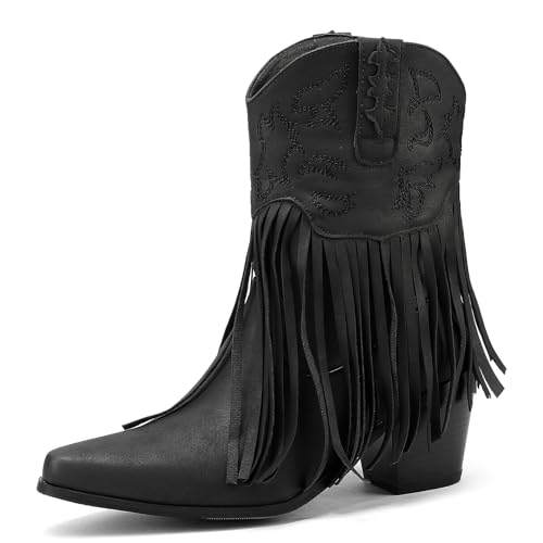 Galindopia DaHerren Mid Calf Stiefel Pointed Toe Chunky Block Heel Embroidered Half Cowgirl Stiefel Franse Western Schuhe Botas para Mujer Black Size 38 von Galindopia