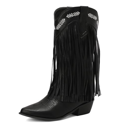 Galindopia DaHerren Mid Calf Stiefel Pointed Toe Chunky Block Heel Embroidered Half Cowgirl Stiefel Franse Western Schuhe Botas para Mujer Black Size 44 von Galindopia