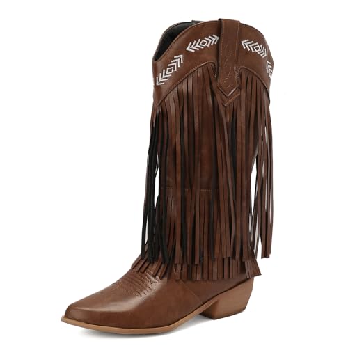 Galindopia DaHerren Mid Calf Stiefel Pointed Toe Chunky Block Heel Embroidered Half Cowgirl Stiefel Franse Western Schuhe Botas para Mujer Brown Size 38 von Galindopia