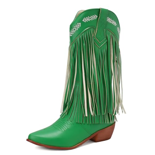 Galindopia DaHerren Mid Calf Stiefel Pointed Toe Chunky Block Heel Embroidered Half Cowgirl Stiefel Franse Western Schuhe Botas para Mujer Green Size 45 von Galindopia