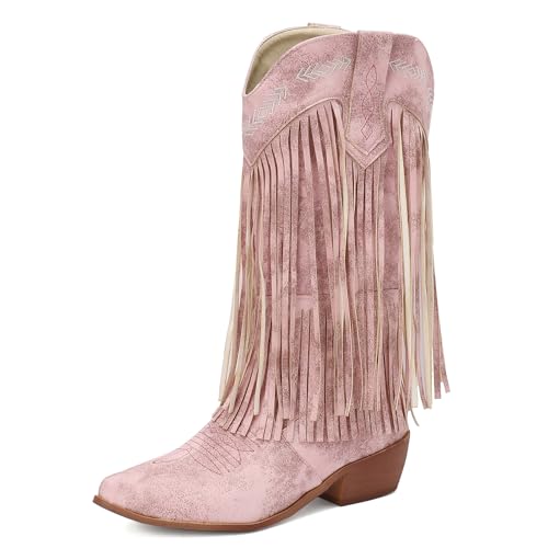 Galindopia DaHerren Mid Calf Stiefel Pointed Toe Chunky Block Heel Embroidered Half Cowgirl Stiefel Franse Western Schuhe Botas para Mujer Pink Size 46 von Galindopia