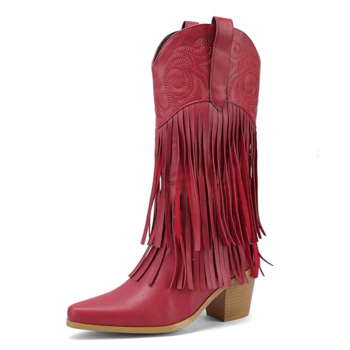 Galindopia DaHerren Mid Calf Stiefel Pointed Toe Chunky Block Heel Embroidered Half Cowgirl Stiefel Franse Western Schuhe Botas para Mujer Red Size 43 von Galindopia