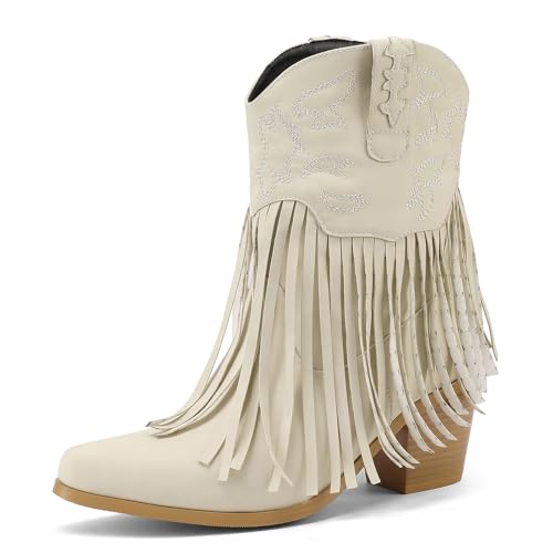 Galindopia DaHerren Mid Calf Stiefel Pointed Toe Chunky Block Heel Embroidered Half Cowgirl Stiefel Franse Western Schuhe Botas para Mujer White Size 39 von Galindopia