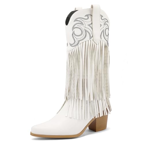 Galindopia DaHerren Mid Calf Stiefel Pointed Toe Chunky Block Heel Embroidered Half Cowgirl Stiefel Franse Western Schuhe Botas para Mujer White Size 39 von Galindopia