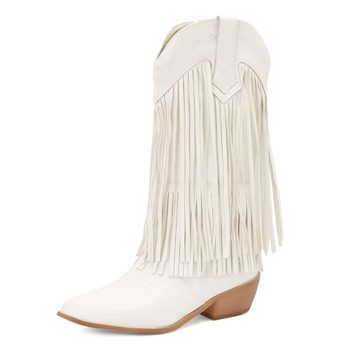 Galindopia DaHerren Mid Calf Stiefel Pointed Toe Chunky Block Heel Embroidered Half Cowgirl Stiefel Franse Western Schuhe Botas para Mujer White Size 48 von Galindopia