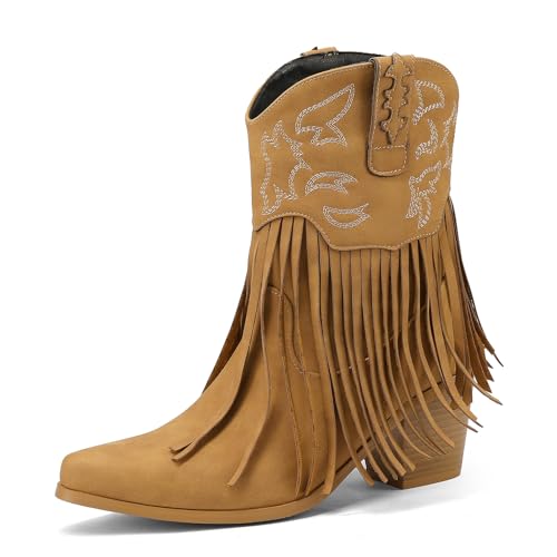 Galindopia DaHerren Mid Calf Stiefel Pointed Toe Chunky Block Heel Embroidered Half Cowgirl Stiefel Franse Western Schuhe Botas para Mujer Yellow Size 38 von Galindopia