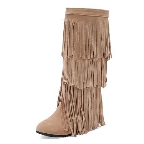 Galindopia DaHerren Mid High Fall Stiefel Franse Runde Zehen Wedge Mid Heel Long Winter Mokassins Stiefel Quasten Botas para Mujer Wildleder Beige Size 48 von Galindopia
