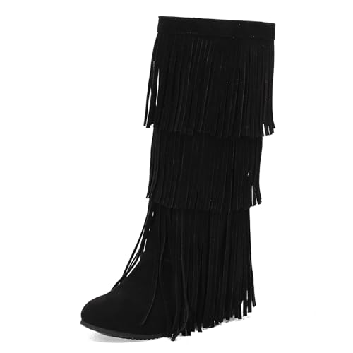 Galindopia DaHerren Mid High Fall Stiefel Franse Runde Zehen Wedge Mid Heel Long Winter Mokassins Stiefel Quasten Botas para Mujer Wildleder Black Size 48 von Galindopia