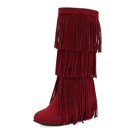Galindopia DaHerren Mid High Fall Stiefel Franse Runde Zehen Wedge Mid Heel Long Winter Mokassins Stiefel Quasten Botas para Mujer Wildleder Burgundy Size 34 von Galindopia