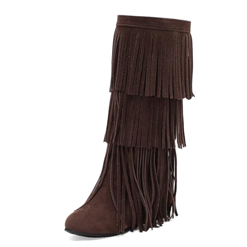 Galindopia DaHerren Mid High Fall Stiefel Franse Runde Zehen Wedge Mid Heel Long Winter Mokassins Stiefel Quasten Botas para Mujer Wildleder Dark-Brown Size 40 von Galindopia