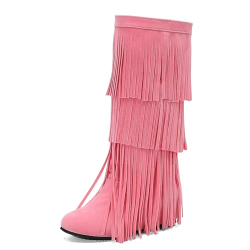 Galindopia DaHerren Mid High Fall Stiefel Franse Runde Zehen Wedge Mid Heel Long Winter Mokassins Stiefel Quasten Botas para Mujer Wildleder Pink Size 43 von Galindopia