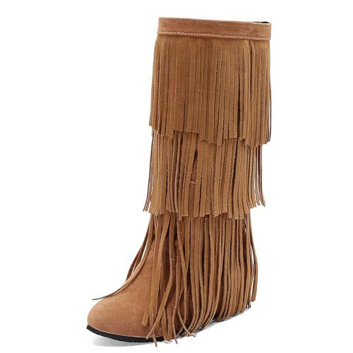 Galindopia DaHerren Mid High Fall Stiefel Franse Runde Zehen Wedge Mid Heel Long Winter Mokassins Stiefel Quasten Botas para Mujer Wildleder Yellow Size 41 von Galindopia