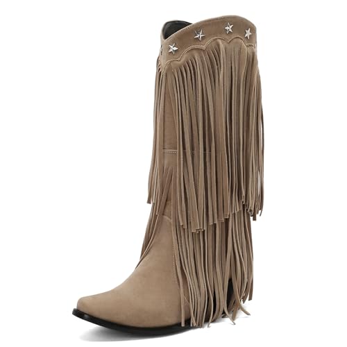 Galindopia DaHerren Mid High Western Stiefel Franse Pointed Toe Chunky Block Heel Cowgirl Stiefel Quasten Schuhe Botas para Mujer Wildleder Beige Size 40 von Galindopia
