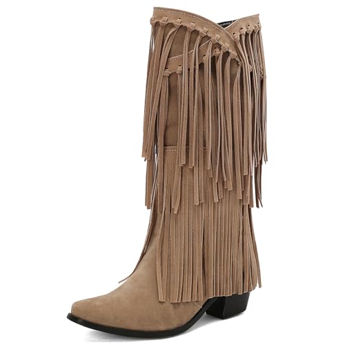 Galindopia DaHerren Mid High Western Stiefel Franse Pointed Toe Chunky Block Heel Cowgirl Stiefel Quasten Schuhe Botas para Mujer Wildleder Beige Size 40 von Galindopia