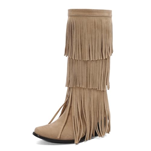 Galindopia DaHerren Mid High Western Stiefel Franse Pointed Toe Chunky Block Heel Cowgirl Stiefel Quasten Schuhe Botas para Mujer Wildleder Beige Size 45 von Galindopia