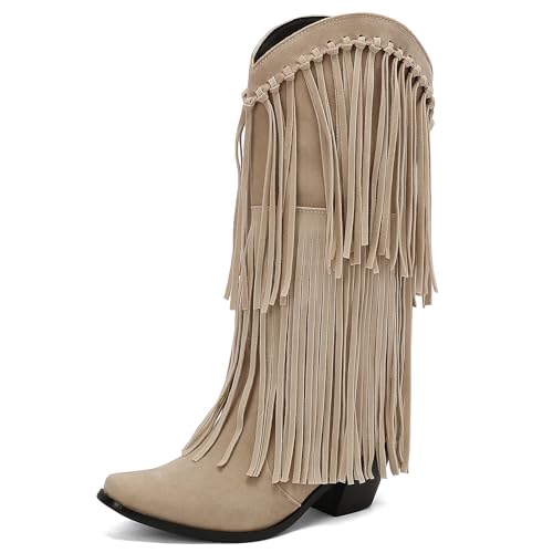 Galindopia DaHerren Mid High Western Stiefel Franse Pointed Toe Chunky Block Heel Cowgirl Stiefel Quasten Schuhe Botas para Mujer Wildleder Beige Size 45 von Galindopia