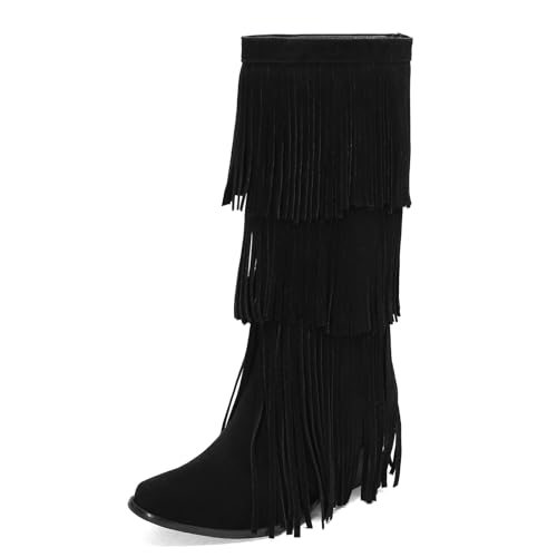 Galindopia DaHerren Mid High Western Stiefel Franse Pointed Toe Chunky Block Heel Cowgirl Stiefel Quasten Schuhe Botas para Mujer Wildleder Black Size 38 von Galindopia