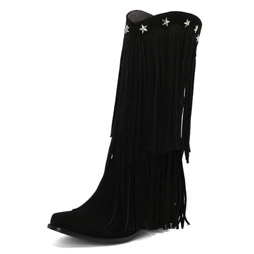 Galindopia DaHerren Mid High Western Stiefel Franse Pointed Toe Chunky Block Heel Cowgirl Stiefel Quasten Schuhe Botas para Mujer Wildleder Black Size 38 von Galindopia