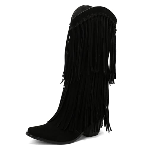 Galindopia DaHerren Mid High Western Stiefel Franse Pointed Toe Chunky Block Heel Cowgirl Stiefel Quasten Schuhe Botas para Mujer Wildleder Black Size 39 von Galindopia