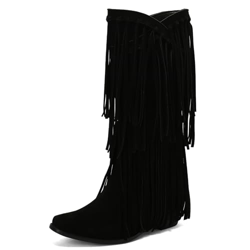 Galindopia DaHerren Mid High Western Stiefel Franse Pointed Toe Chunky Block Heel Cowgirl Stiefel Quasten Schuhe Botas para Mujer Wildleder Black Size 47 von Galindopia