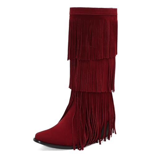 Galindopia DaHerren Mid High Western Stiefel Franse Pointed Toe Chunky Block Heel Cowgirl Stiefel Quasten Schuhe Botas para Mujer Wildleder Burgundy Size 39 von Galindopia