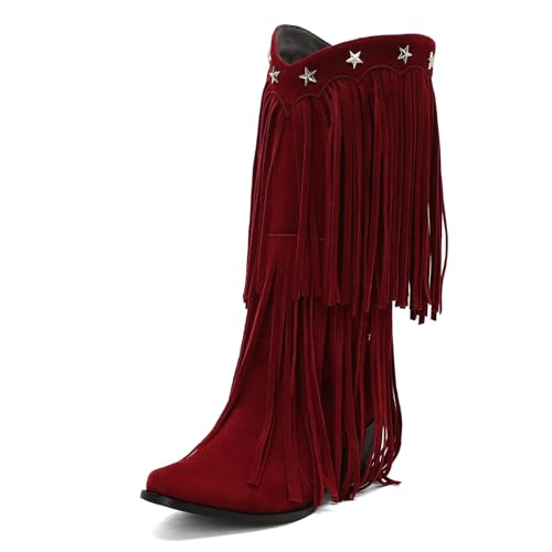 Galindopia DaHerren Mid High Western Stiefel Franse Pointed Toe Chunky Block Heel Cowgirl Stiefel Quasten Schuhe Botas para Mujer Wildleder Burgundy Size 46 von Galindopia