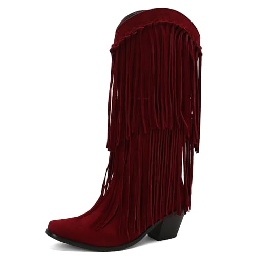 Galindopia DaHerren Mid High Western Stiefel Franse Pointed Toe Chunky Block Heel Cowgirl Stiefel Quasten Schuhe Botas para Mujer Wildleder Burgundy Size 46 von Galindopia