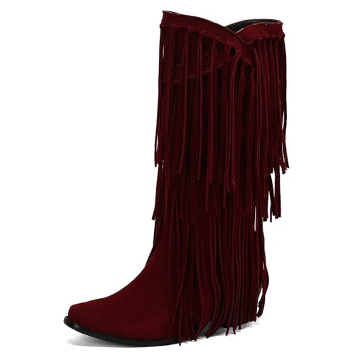 Galindopia DaHerren Mid High Western Stiefel Franse Pointed Toe Chunky Block Heel Cowgirl Stiefel Quasten Schuhe Botas para Mujer Wildleder Burgundy Size 46 von Galindopia