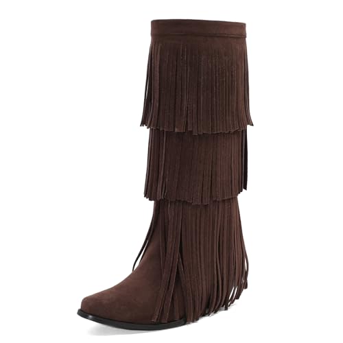 Galindopia DaHerren Mid High Western Stiefel Franse Pointed Toe Chunky Block Heel Cowgirl Stiefel Quasten Schuhe Botas para Mujer Wildleder Dark-Brown Size 35 von Galindopia