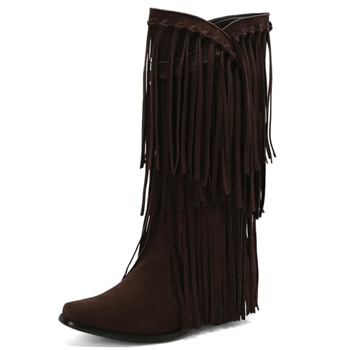Galindopia DaHerren Mid High Western Stiefel Franse Pointed Toe Chunky Block Heel Cowgirl Stiefel Quasten Schuhe Botas para Mujer Wildleder Dark-Brown Size 37 von Galindopia