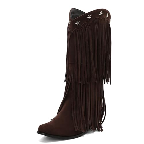 Galindopia DaHerren Mid High Western Stiefel Franse Pointed Toe Chunky Block Heel Cowgirl Stiefel Quasten Schuhe Botas para Mujer Wildleder Dark-Brown Size 41 von Galindopia