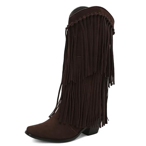Galindopia DaHerren Mid High Western Stiefel Franse Pointed Toe Chunky Block Heel Cowgirl Stiefel Quasten Schuhe Botas para Mujer Wildleder Dark-Brown Size 41 von Galindopia