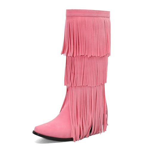 Galindopia DaHerren Mid High Western Stiefel Franse Pointed Toe Chunky Block Heel Cowgirl Stiefel Quasten Schuhe Botas para Mujer Wildleder Pink Size 44 von Galindopia