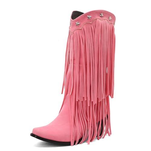 Galindopia DaHerren Mid High Western Stiefel Franse Pointed Toe Chunky Block Heel Cowgirl Stiefel Quasten Schuhe Botas para Mujer Wildleder Pink Size 46 von Galindopia