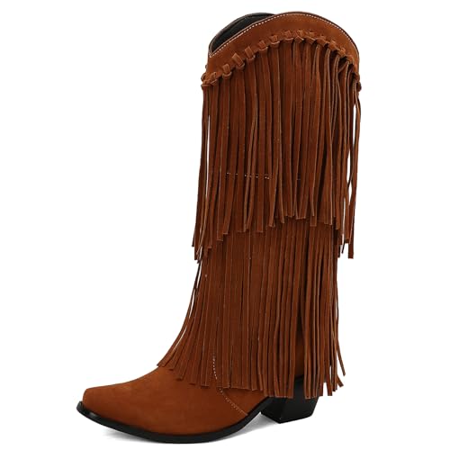 Galindopia DaHerren Mid High Western Stiefel Franse Pointed Toe Chunky Block Heel Cowgirl Stiefel Quasten Schuhe Botas para Mujer Wildleder Yellow Size 38 von Galindopia