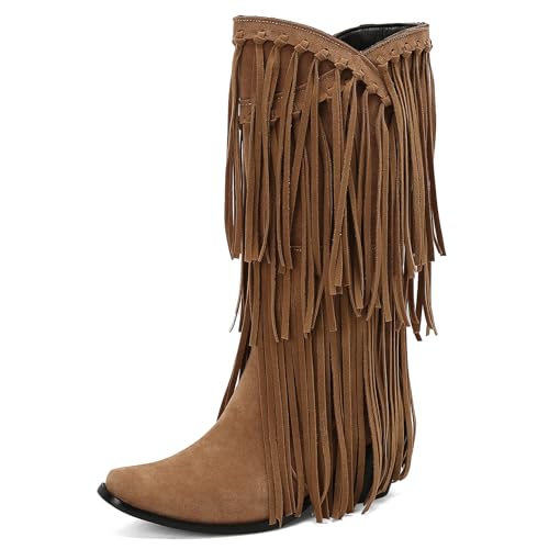 Galindopia DaHerren Mid High Western Stiefel Franse Pointed Toe Chunky Block Heel Cowgirl Stiefel Quasten Schuhe Botas para Mujer Wildleder Yellow Size 38 von Galindopia
