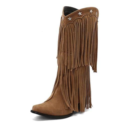 Galindopia DaHerren Mid High Western Stiefel Franse Pointed Toe Chunky Block Heel Cowgirl Stiefel Quasten Schuhe Botas para Mujer Wildleder Yellow Size 39 von Galindopia