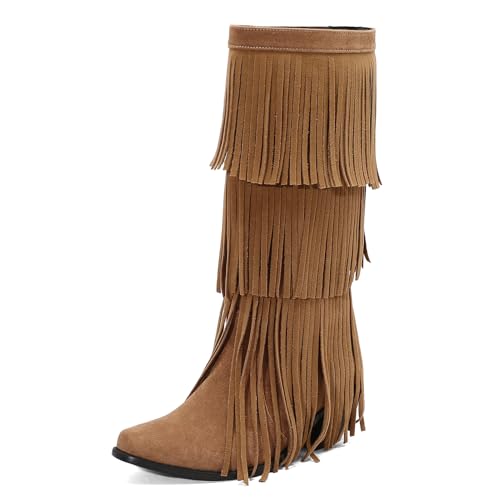 Galindopia DaHerren Mid High Western Stiefel Franse Pointed Toe Chunky Block Heel Cowgirl Stiefel Quasten Schuhe Botas para Mujer Wildleder Yellow Size 43 von Galindopia
