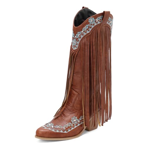 Galindopia DaHerren Mid Hohe Stiefel Pointed Toe Chunky Block Heel EmbroideBrown Cowgirl Stiefel Long Franse Western Schuhe Botas para Mujer Brown Size 34 von Galindopia