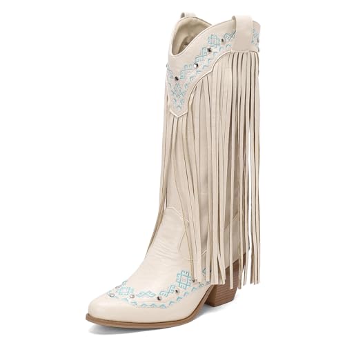 Galindopia DaHerren Mid Hohe Stiefel Pointed Toe Chunky Block Heel EmbroideWhite Cowgirl Stiefel Long Franse Western Schuhe Botas para Mujer White Size 37 von Galindopia