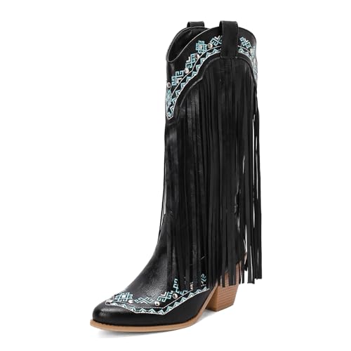 Galindopia DaHerren Mid Hohe Stiefel Pointed Toe Chunky Block Heel Embroidered Cowgirl Stiefel Long Franse Western Schuhe Botas para Mujer Black Size 48 von Galindopia