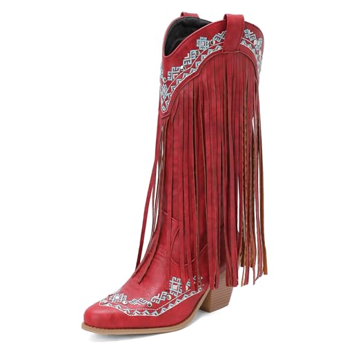 Galindopia DaHerren Mid Hohe Stiefel Pointed Toe Chunky Block Heel Embroidered Cowgirl Stiefel Long Franse Western Schuhe Botas para Mujer Red Size 38 von Galindopia