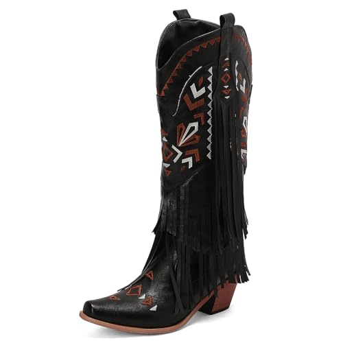 Galindopia DaHerren Mid Hohe Stiefel Pointed Toe Chunky Block Heel Embroidered Cowgirl Stiefel Short Franse Western Schuhe Botas para Mujer Black Size 34 von Galindopia