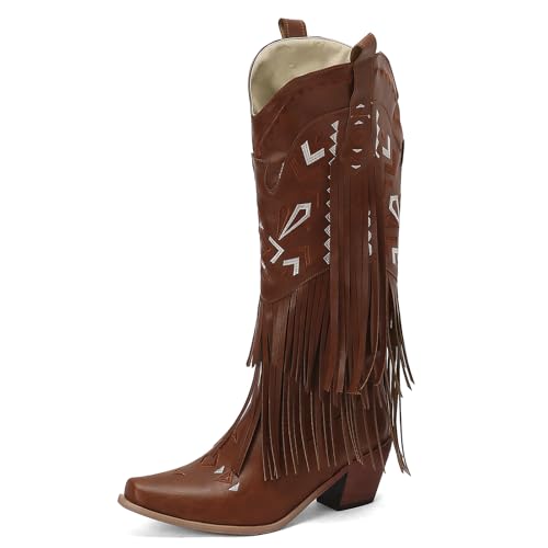 Galindopia DaHerren Mid Hohe Stiefel Pointed Toe Chunky Block Heel Embroidered Cowgirl Stiefel Short Franse Western Schuhe Botas para Mujer Brown Size 44 von Galindopia