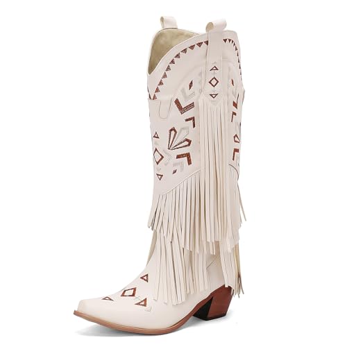 Galindopia DaHerren Mid Hohe Stiefel Pointed Toe Chunky Block Heel Embroidered Cowgirl Stiefel Short Franse Western Schuhe Botas para Mujer White Size 35 von Galindopia