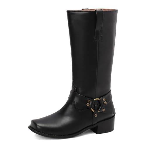 Galindopia DaHerren Mid Hohe Stiefel Square Toe Chunky Block Heel Gemütlich Low Heel Leisure Riding Stiefel Motorcycle Schuhe Botas para Mujer Black Size 38 von Galindopia